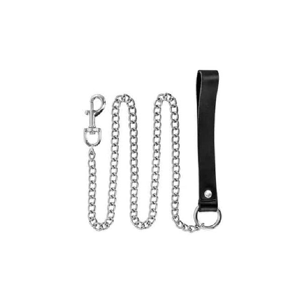 Laisse chaîne en métal poignée en cuir 115cm de Fetish Tentation