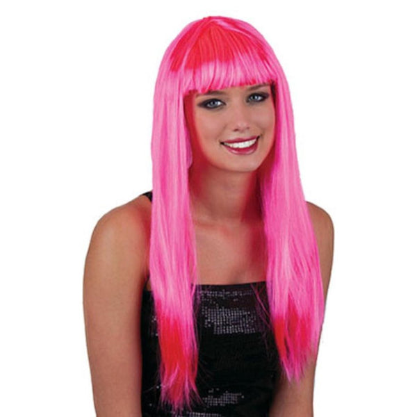Perruque coupe longue avec frange - rose