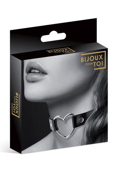 Collier ras du cou ajustable noir avec coeur argenté - Bijoux Pour Toi
