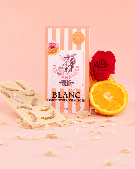 Chocolat aphrodisiaque Blanc, écorce d'Orange et Rose - 100gr - Les Canailles