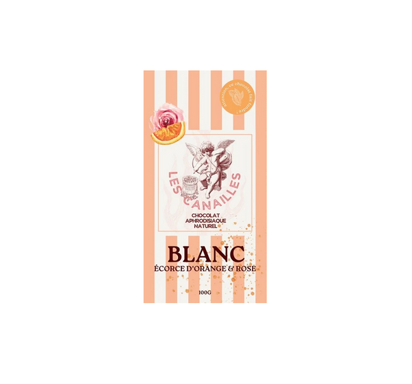 Chocolat aphrodisiaque Blanc, écorce d'Orange et Rose - 100gr - Les Canailles