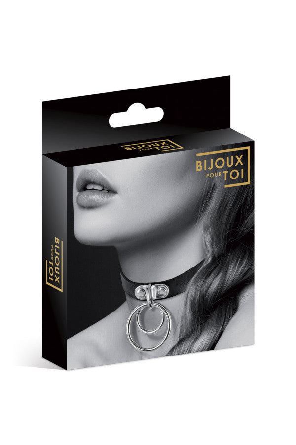 Collier ras du cou ajustable noir avec double anneau argenté - Bijoux Pour Toi