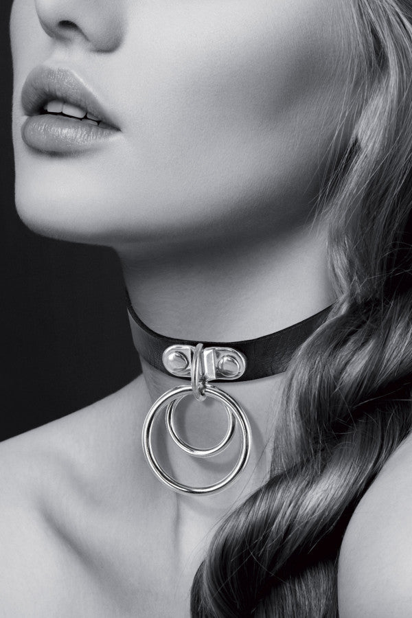 Collier ras du cou ajustable noir avec double anneau argenté - Bijoux Pour Toi