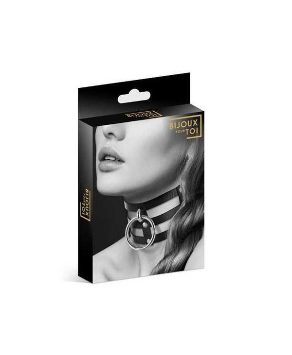 Choker triple ras de cou noir avec anneau argent - Bijoux pour toi