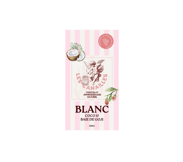 Chocolat aphrodisiaque Blanc, Noix de coco et baie de Goji - 100gr - Les Canailles