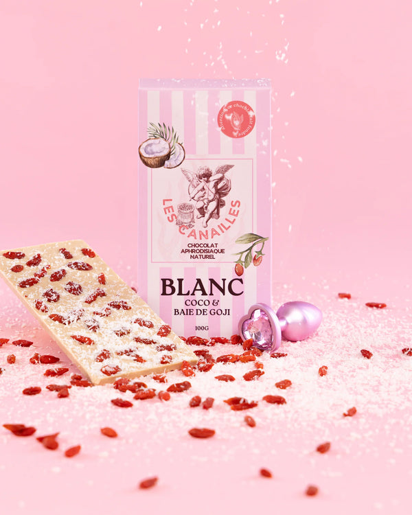 Chocolat aphrodisiaque Blanc, Noix de coco et baie de Goji - 100gr - Les Canailles